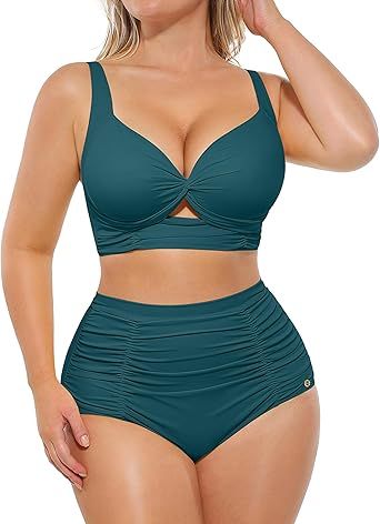 SHAPELLX High Waisted Bikini Tummy Control Two Piece Swimsuits for Women Ruched Bathing Suit Twist Front Bikini Sets