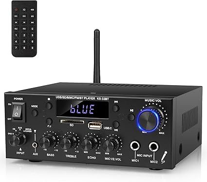 Stereo Audio Amplifier, 2 Channel 500W Bluetooth 5.0 Home Theater Power Amplifier with FM, Echo, AUX, USB, SD, MIC Inputs, HiFi AMP for Passive Speakers and Active subwoofer