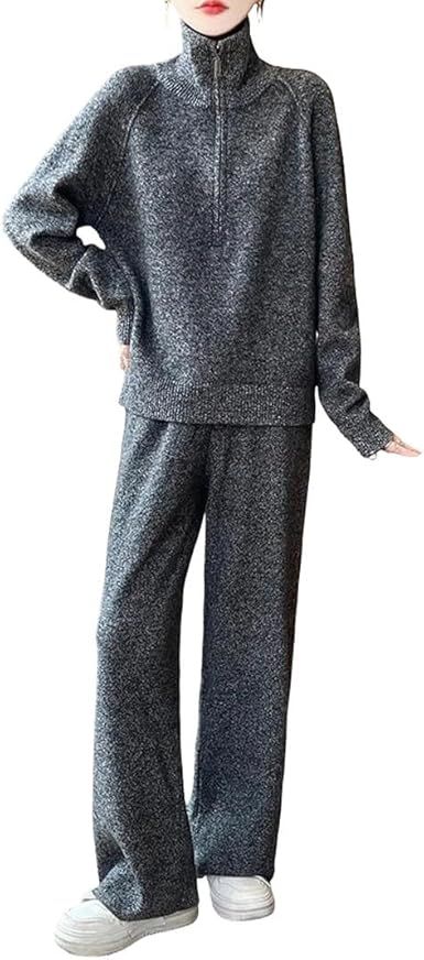 Women's High Neck Half Zip Pullover Sweatshirt And Wide Leg Pants Set Solid Wool Blend 2 Piece Outfits
