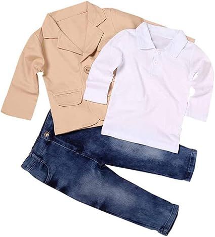 MYGBCPJS 3Pcs Boy Handsome Outfit Set Plaid Shirt + T-Shirt + Suspender Jean Sets