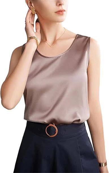 Women's Silk Blouse Summer O Neck Sleeveless Lightweight Soft High Street Style Casual Tank Tops