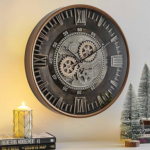 CLXEAST 24 Inch Large Moving Gear Wall Clock for Farmhouse Living Room Decor,Vintage Industrial Bronze Gold Metal Wall Clock for Home Office,House Warming Gifts New Home