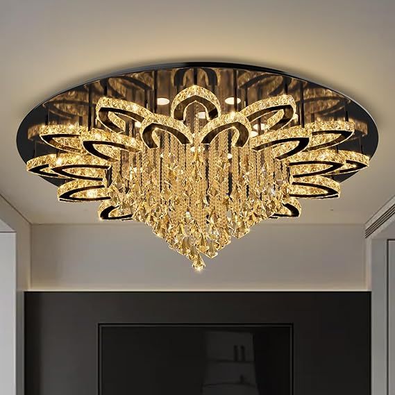 Flashing God W48 Large Crystal Chandelier Crystal Flush Mount LED Black Ceiling Light Fixture for Living Room Foyer Dining Room Hallway Dimmable 2700k 4500k 6000k