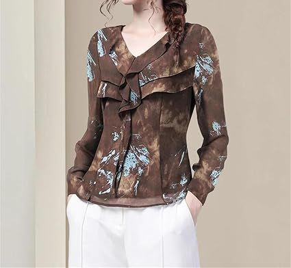 Women Coffee Color Printed Blouses Long Sleeve V Neck Lightweight Shirts Ruffles Chiffon Top
