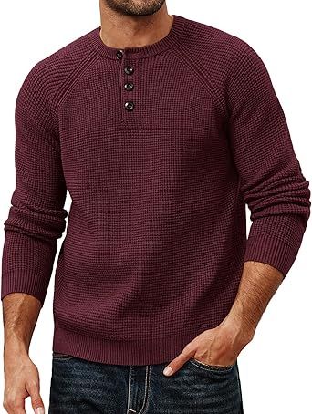 PJ PAUL JONES Mens Sweaters Casual Waffle Pullover Sweater Button Crewneck Textured Knit Henley Sweaters