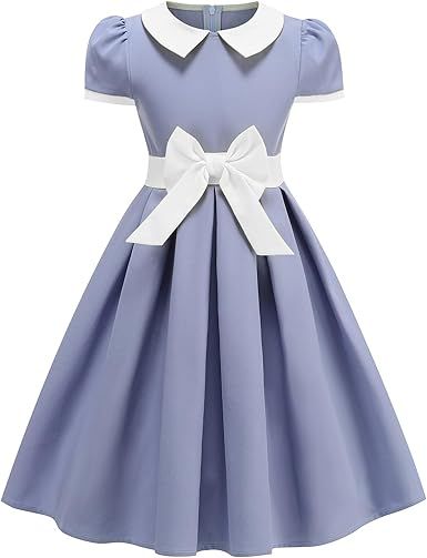 Kids 1950s Vintage Dresses for Girls 50s Outfits Collar Retro 50's Tea Party Bowknot Audrey Hepburn Rockabilly Swing Dress
