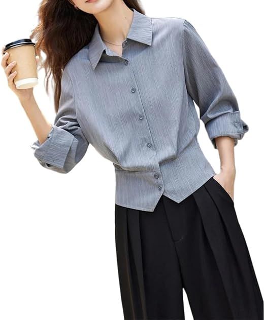 Women's Elegant Striped Shirt Long Sleeve Office Work Blouses with Asymmetrical Irregular Hem Casual Top
