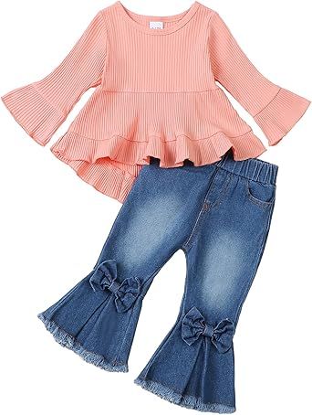 Kucnuzki Toddler Baby Girls Clothes Long Sleeve Shirt Top Flare Denim Jeans Cute Outfit Baby Girl Fall Winter Clothes
