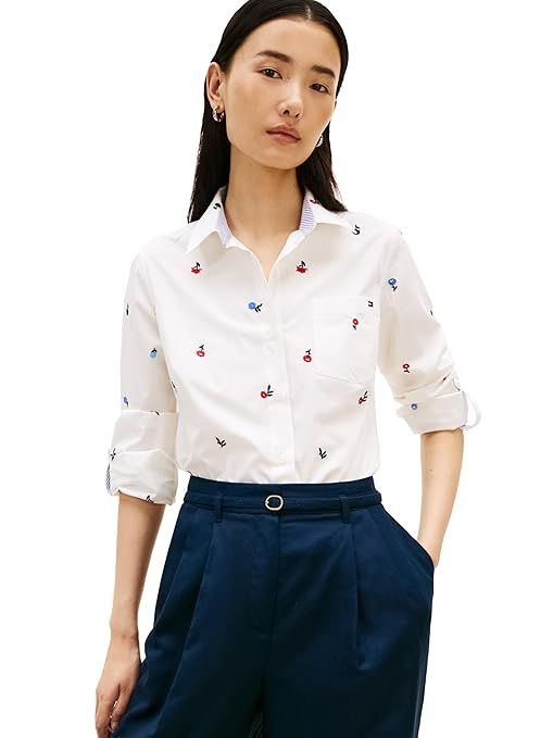 Tommy Hilfiger Womens Cotton Poplin Long Sleeve Button Down Shirt in Regular Fit with Roll Up Sleeve