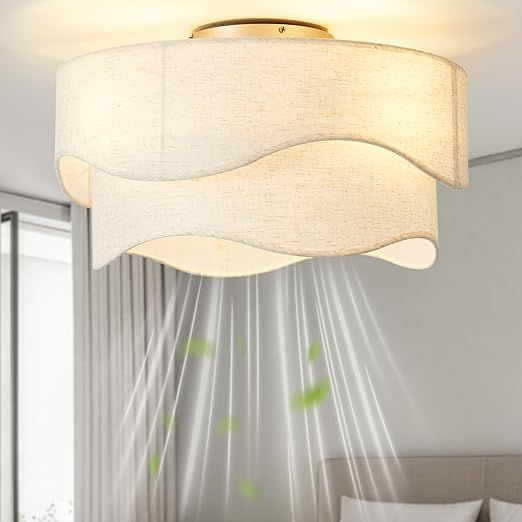 20'' Low Profile Ceiling Fans with Lights and Remote, Flush Mount Caged Ceiling Fan with Light, Boho Bladeless 6 Speeds for Bedroom Kitchen Living Room, Ivory