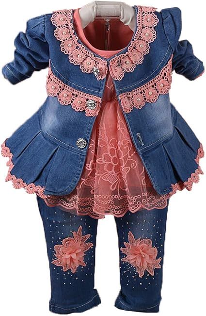 Yao 6M-4Y Infant 3Pcs Baby Girls Clothes Set Toddler Casual Outfits Lace Dress Jacket and Jeans
