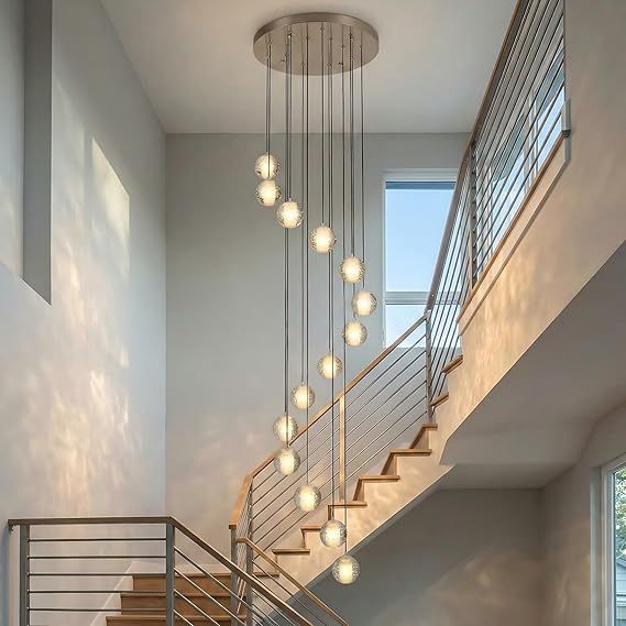 Modern Bubble Crystal Staircase Chandelier, 14-Light Dimmable Elegance Long Chandeliers for Foyer, 10Ft Adjustable Height for High sloped Ceiling Entryway, Easy to Install