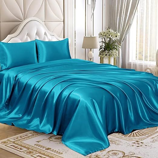 Twin XL Size 4-Piece Sheet Set Premium 30 Momme Mulberry Silk Bed Sheets Set Fits 23-26" Deep Pocket (Solid, Turquoise)