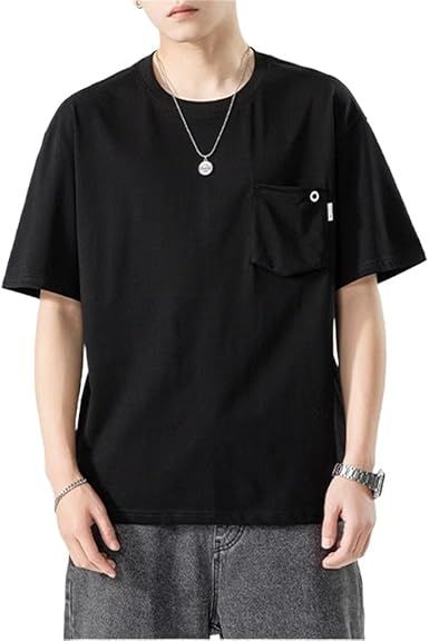 Black Men's Pocket Embroidery Short Sleeved T-Shirt Half Bottom Shirt