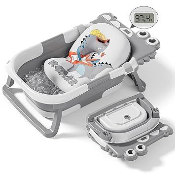 Collapsible Baby Bathtub for Newborn, Foldable Baby Bath Tub with Thermometer & Soft Floating Cushion & Drain Hole, Portable Travel Infant Bath Tubs for Newborns to Toddlers 0-36 Months Boys, Grey