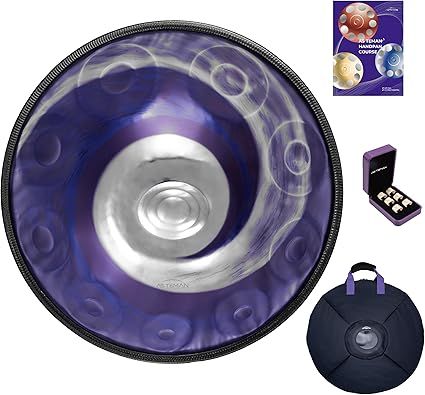 ASTEMAN Handpan in D Minor,432hz, 22 inches with 10 notes, comes with a backpack, courses, finger sleeves, stand, cleaning cloth, and two mallets.
