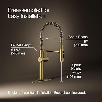 KOHLER 22973-2MB Crue High-Arc Kitchen Faucet with Pull Down Spring Spout, Professional Pre-Rinse Kitchen Faucet, Commercial Faucet, Vibrant Brushed Moderne Brass