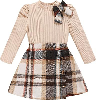 Toddler Girl Plaid Outfits Fall Winter Dress Knit Ribbed Bow Sweatshirt Tops and Button Fashion Skirts Set