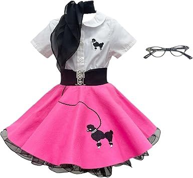 Hip Hop 50's Shop Toddler Poodle Skirt Costume Outfit 7 Piece Set for Girls with Skirt Slip Shirt Glasses Scarf Socks Belt