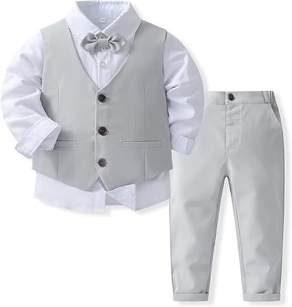 Boys 3Pcs Clothing Sets Cotton Long Sleeve Bowtie Shirts +Vest +Pants Casual Suit