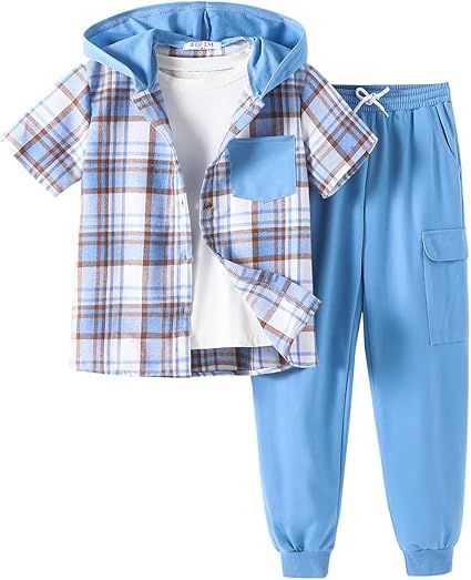 2Pcs Boys Clothes Outfits Plaid Short Sleeve Hooded Button Shirt and Jogger Pants for Kids Spring Summer Pants Set