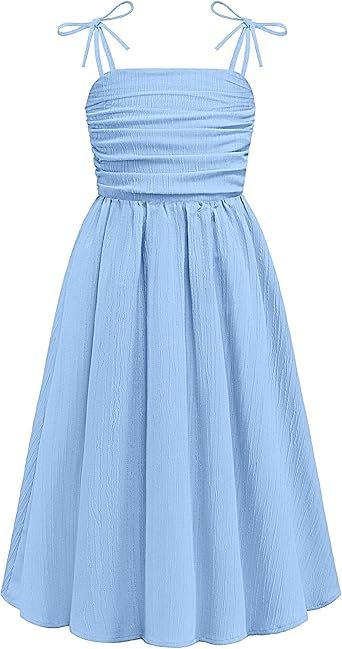 Arshiner Girls Summer Dress Maxi Spaghetti Strap Ruched Flowy Beach Boho Casual Teen Girl Sundress 6-14 Years