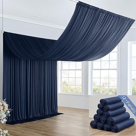 60ft×20ft Navy Blue Ceiling Drapes for Weddings Parties,12 Panels 5×20ft Long Ceiling Curtain for Tent Canopy,Wrinkle Free Silk Easy to Draping&Hang Navy Drapes for Event Church Stage Photo Bedroom