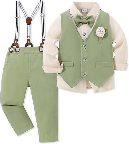 WESIDOM Toddler Boy Clothes Suit Formal Dress Shirt+Bowtie+Vest+Boutonniere+Suspender Pants Boys Gentleman Outfits Set