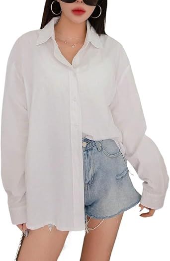 Solid Drop Shoulder Button Up Shirt Long Sleeve Top Womens Casual Business Fashion Tops