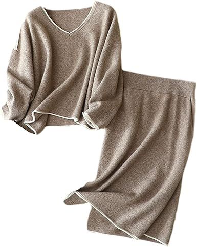 Knit Skirt Set Women's Winter V-Neck Long Sleeve Loose Pullover Cardigan + High Waist Midi Skirt 2 Piece Set
