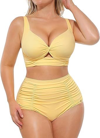 SHAPELLX High Waisted Bikini Tummy Control Two Piece Swimsuits for Women Ruched Bathing Suit Twist Front Bikini Sets