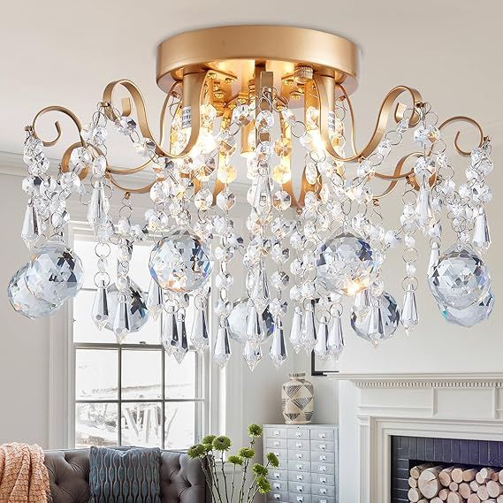 Rain Drop Crystal Small Crystal Chandelier Ceiling Light 3-Light Fixture Modern Chrome Iron Material Suitable for Bedrooms, Hallways, Walk-in Closets, Entryways, Stairwells (Gold)