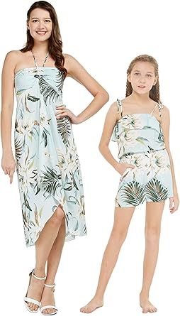 Matching Hawaiian Luau Mother Daughter Dress and Romper in Pink White Hibiscus Vine