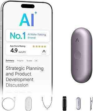 Plaud NotePin S AI Voice Recorder, Wearable AI Notetaker, AI Transcribe & Summarize, Support 112 Languages, 64GB Memory, Audio Recorder for Meetings Interviews with 4 Accessories, Purple