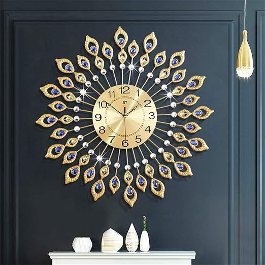Large Modern Wall Clock for Living Room Decor, 24 Inch Big Decorative Crystal Peacock Wall Clock Battery Operated Non Ticking for Kitchen Bedroom, Gold Metal Silent Wall Clocks for Home
