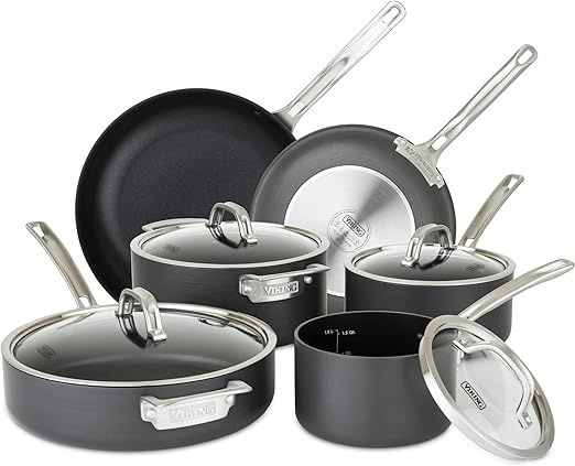 Viking Pots and Pans Set Non Stick, 10 Piece Hard Anodized Kitchen Cookware with Glass Lids, Black