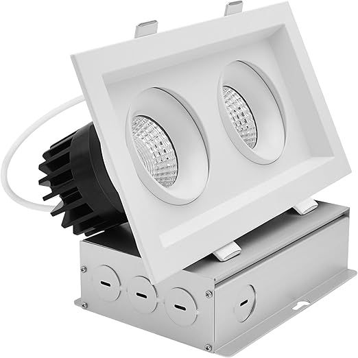 LUXRITE 2-Head Regressed Gimbal LED Recessed Spotlight, 360°+15° Adjustable, 5CCT 2700K-5000K, CRI90, 30W, 2000 Lumens, 60° Beam Angle, Rectangular White Finish, Dual Dimmable, IC & Wet Rated