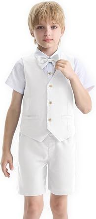 LOLANTA Boys Linen Suit 4 Piece Summer Gentleman Outfit Kids Dress Vest Shirt Shorts Set for Beach Wedding Graduation