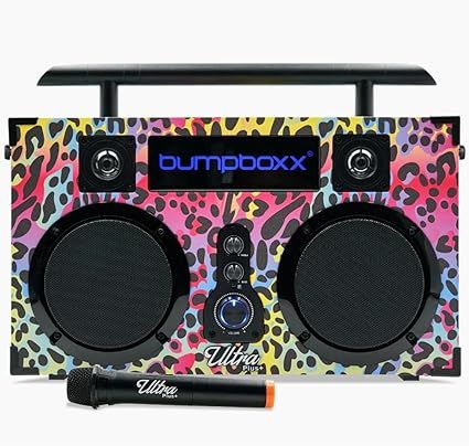 Bumpboxx Ultra Plus Retro Boombox with Bluetooth Speakers, Old School Boombox Up to 12-Hour Playtime & TWS Stereo Pairing, Rechargeable Lithium Battery, Carrying Strap & Wireless Mic, Cheetah