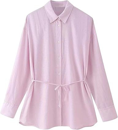 Women's Lapel Collar Long Sleeve Linen Shirt with Belt Button Down Casual Blouse Top