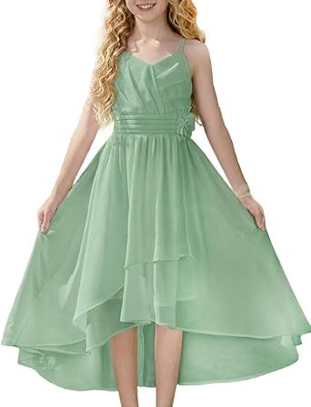 GRACE KARIN Girls Chiffon Summer Dresses Teen Long Party Formal Dress Flower Bridesmaid Straps Shirred High Low Clothes 6-14