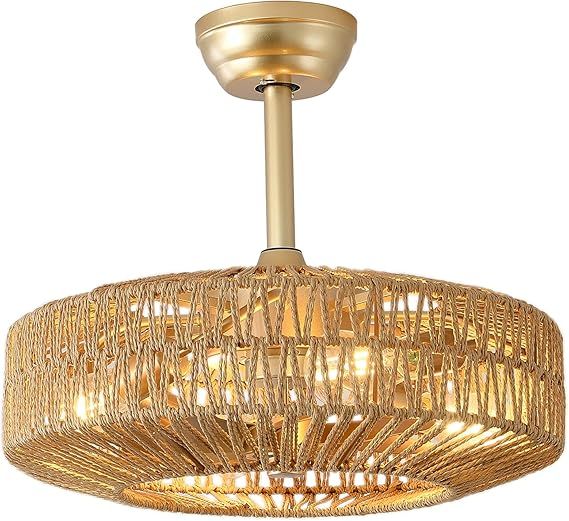 20 inch Boho Ceiling Fan with Light, 6 Speeds, Remote Control, Timer Function, Bladeless Design, Gold
