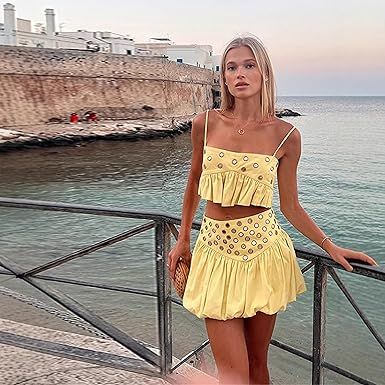 Wuitrie Women 2 Piece Outfits Sleeveless Crop Top Mini High Waisted Pleated Skirt Set for Summer Party Club Going Out