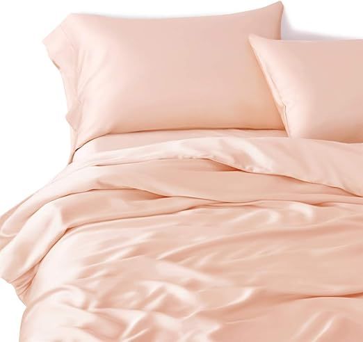 Twin XL Size 4-Piece Sheet Set Premium 30 Momme Mulberry Silk Bed Sheets Set Fits 23-26" Deep Pocket (Solid, Peach)