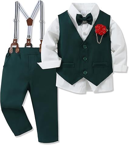 WESIDOM Toddler Boy Clothes Suit Formal Dress Shirt+Bowtie+Vest+Boutonniere+Suspender Pants Boys Gentleman Outfits Set