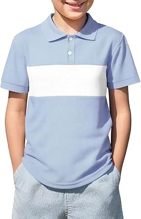 Haloumoning Boys Short Sleeve Pique Polo Shirts Kids Color Block School Uniform Shirt 5-14 Years