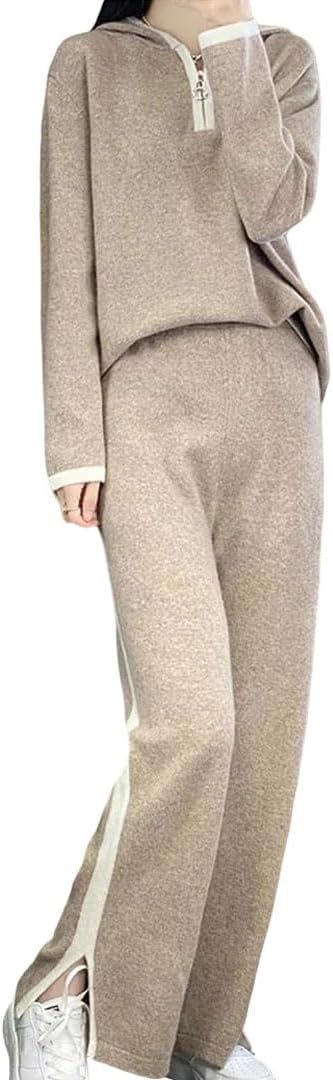 Women's 100 Percent Wool Knit Suit Hooded Pullover Sweater And Wide Leg Pants 2 Piece Loose Sets