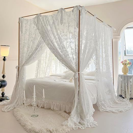 Mengersi Canopy Bed Curtains with Tie Backs,Bed Canopy Curtains Bed Drapes Sheer Curtains for Bedroom Decor（Queen,White