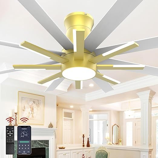 60 inch White Ceiling Fans with Lights and Remote, Flush Mount Ceiling Fan for Living Room Bedoom，6 Speed Reversible，8 Blades and 9 Lights，3 CCT，White Gold