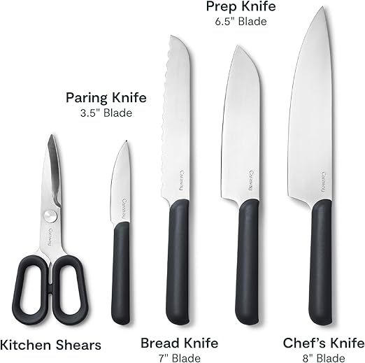 Caraway 5 Piece Knife Set - Premium German Steel Blade Kitchen Knives - Ergonomic Handles - No Microplastics - Charcoal